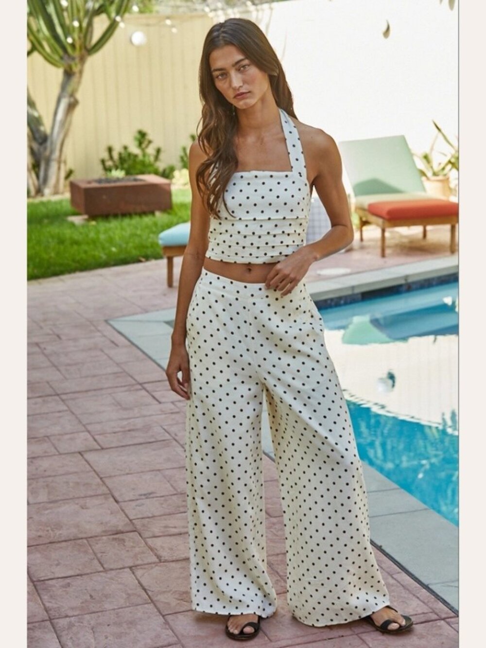 2PC Viscose Linen Polka Dot Wide Leg Pants AND Halter Top S-L
